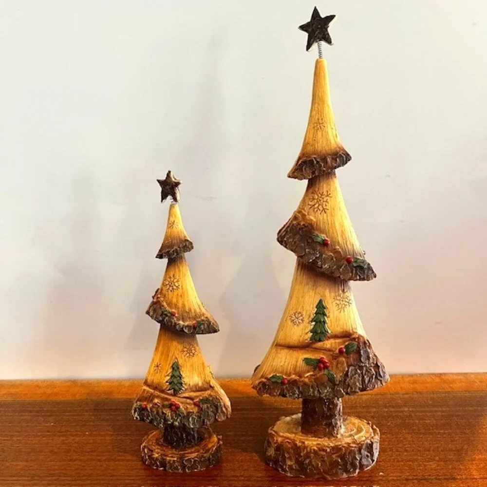 Pair of Resin Wood Look Rustic Carved Trees with Trees Snowflakes Cabin Holly